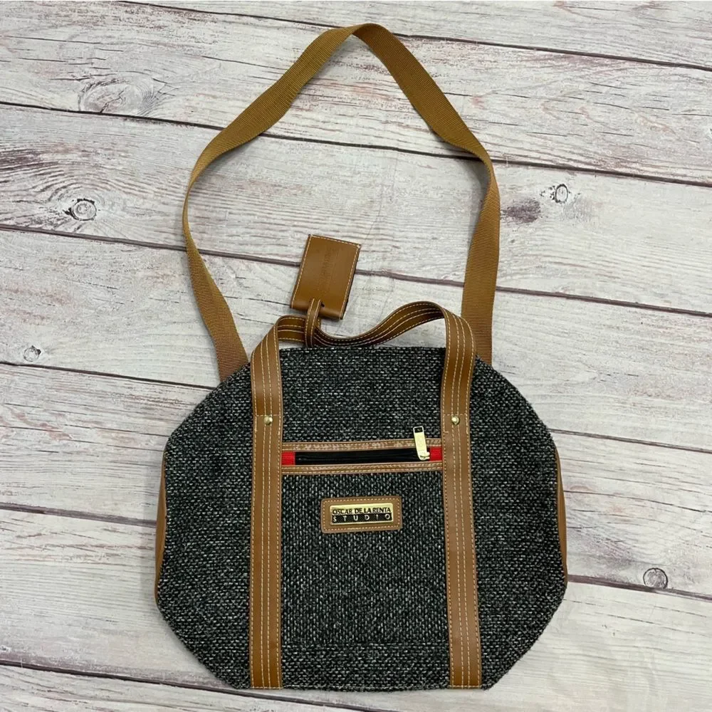 Oscar de La Renta Vintage Three Piece Luggage Set Tweed Bucle Black Tan Travel